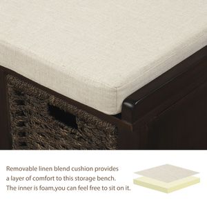 Panca Rustica con 3 Cesti per Ingresso, con Cuscino Rimovibile, in Rattan Classico, Arredamento Classico per Soggiorno - Product Image 6