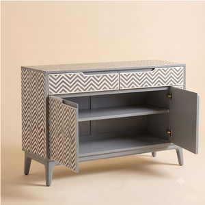 Mueble de almacenamiento tradicional hecho a mano con incrustaciones de hueso gris, 2 cajones y diseño de chevron – Muebles de almacenamiento al por mayor de la India - Product Image 5