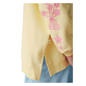 <b>Women</b> Yellow Crew <b>Neck</b> <b>Sweatshirt</b> With Pink Floral Embroidery On Sleeves Casual Knitted Long Sleeve Spring Style - Product Image 5