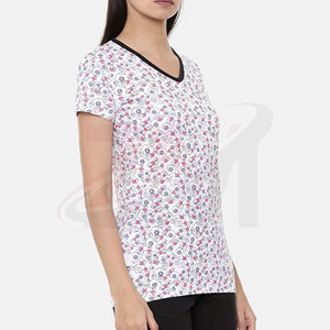Camiseta de Mujer con Cuello en V, Manga Corta, Estampado Floral, Corte Regular, Informal, Transpirable, de Algodón Tejido, para Primavera/Verano - Product Image 4