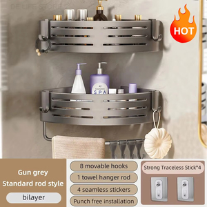 Panier de rangement mural <span class=keywords><strong>pour</strong></span> douche, fixation par ventouse sans perçage, aluminium antirouille, protection à 2 niveaux, <span class=keywords><strong>pour</strong></span> les coins, comprend une barre porte-serviettes - Product Image 5