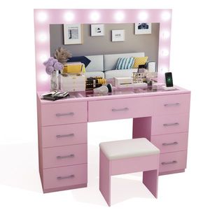 Macaron 9 Drawer Dressing Table Set with 12 Tri-Color LED Light Bulbs Particleboard & Melamine Finish <b>Makeup</b> <b>Vanities</b> - Product Image 6