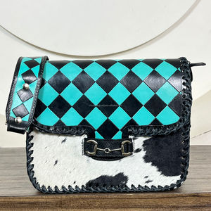 Genuine Cowhide Leather 2026 Crossbody Bag for Women's Checkered Shoulder <b>Purse</b> Handmade Hair on Sling Bag with Horse Bit Buckle - Product Image 5