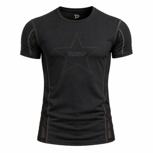 T-shirt slim fit Y2K, noir anthracite, manches courtes, style streetwear, avec motif étoile en strass couleur bronze, panneaux latéraux en maille transparente - Product Image 3