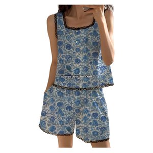 Conjunto de pijama corto para mujer, transpirable, con encaje estampado, de tela de algodón tejida floral, sin mangas, con estampado a mano. - Product Image 1