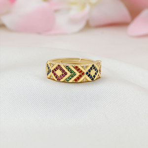 Bague ajustable en argent sterling plaqué or avec micro-pavé de zirconias multicolores, bijoux pour femme, cadeau de fiançailles - Product Image 1