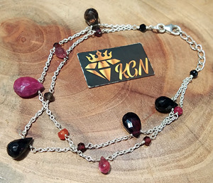 Multi Gemstone Layered Bracelet, 925 Sterling <b>Silver</b>, Natural Ruby Garnet Smoky Quartz Charm Bracelet Adjustable Bracelets - Product Image 3