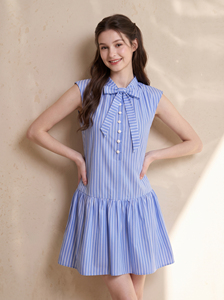 ODM OEM Women's Blue Striped Cap Sleeve Mini Dress <b>Drop</b> Waist Pleated Hem <b>Stand</b> Neck Bow Front Button Shirt Breathable Worsted - Product Image 4