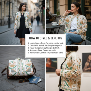 Chaqueta de Algodón Hecha a Mano de Primera Calidad, Bordado Floral a Mano, Obra Maestra para Mujer, Manga Larga, Bolsillos Laterales, Abrigo Estilo TNT Heritage - Product Image 5