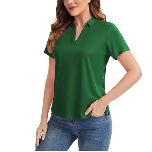 Polo à manches courtes vert pour femme, couleur unie, respirant, tricoté, décontracté - Product Image 1