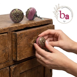 Ba <b>Pink</b> Ceramic Round Cabinet <b>Knob</b> With Brass Filigree Design Traditional Furniture Handle For Home Office - Product Image 3