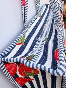 Bohemian <b>White</b> And Blue Stripped Cotton Tote <b>Bag</b> With Red Strawberry Print Summer Casual Zipper Shopping Travel Handbag - Product Image 4