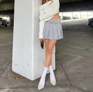 Women High Waist Pleated Mini Skirt Gray with <b>Belt</b> Solid Casual Polyester Summer - Product Image 5