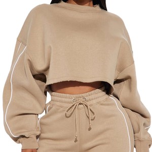 Conjunto de Sudadera Corta Informal para Mujer, Hombros Caídos, Cuello Redondo, Color Sólido, Sudadera con Capucha de 2 Piezas, 100% Algodón - Product Image 2