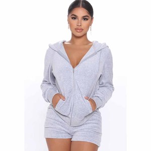 Women's Gray Fleece Hooded Shorts <b>Set</b> Full Sleeve Casual Two Piece Outfit Loose Fit Spring Summer Solid Color Knitted - Product Image 3