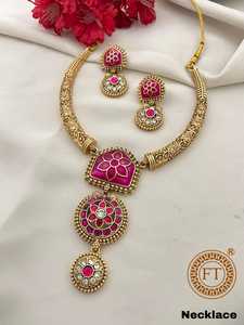 Indian Bridal Meenakari Brass <b>Necklace</b> Set | Antique Gold Plated Pink <b>Ruby</b> Stone Fine Jewelry with Earrings for Party Occasions - Product Image 2