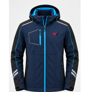 Veste softshell bleue d'extérieur à capuche, veste de ski zippée, veste de randonnée hivernale pour les voyages en montagne, norme OEKO-TEX, logo personnalisé - Product Image 3