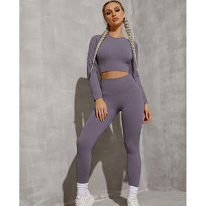 Ensemble de vêtements de sport pour femmes, haut court à manches longues côtelé uni, avec leggings taille haute, extensible dans quatre sens, longueur intégrale - Product Image 3