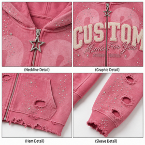 Custom Pink Hooded Zip-Up Sweatshirt With Rhinestone <b>Stars</b> And Ripped Details Y2K Style Crop Fit Unisex Autumn Wear - Product Image 3
