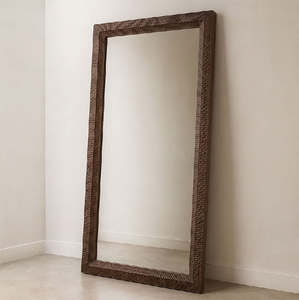 Modern natural light wood <b>full</b> <b>length</b> floor <b>mirror</b> crafted with a scalloped carved frame, available at wholesale prices. - Product Image 3