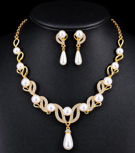 Conjunto de Moda para Mujer, Chapado en Oro, con Cristales, Perlas y Circonitas, Collar y Aretes Románticos con Diseño de Gota de Agua, para Aniversario - Product Image 2