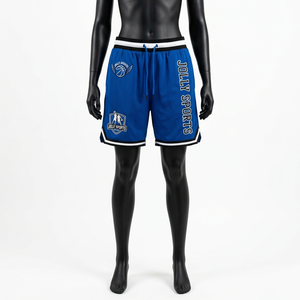Shorts de basket-ball pour femmes de qualité supérieure, 220 GSM, maille polyester douce et respirante, bleu avec empiècements latéraux noirs, logo personnalisé, shorts pour femmes - Product Image 1