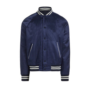 Men's Navy Varsity Jacket <b>Turn</b>-down Collar Regular Fit Solid Color Button Closure Autumn Wear - Product Image 1