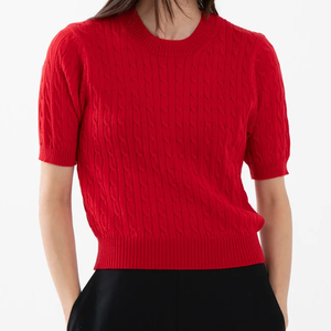 Pull en tricot torsadé rouge pour femme, manches trois quarts, col rond, 100% acrylique, décontracté, coupe classique, tricoté à la main, couleur unie - Product Image 2