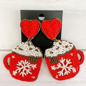 Boucles d'oreilles pendantes brodées à la main avec perles, pendentif tasse à café en forme de cœur, bijoux de mode pour femmes, cadeau d'anniversaire - Product Image 1