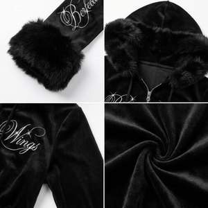 Women's Black <b>Velvet</b> <b>Tracksuit</b> Set Zipper Full Sleeve Flared Pants Heat Transfer Print Perfect Wings Logo Winter Casual Outfit - Product Image 6