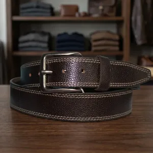 Ceinture en cuir à bords incurvés de qualité supérieure, fabrication OEM, design cousu avec boucle en alliage, fournisseur en gros - Product Image 5