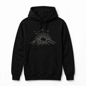 Sudadera con capucha de algodón grueso negro con diseño gráfico personalizado de montaña y sol, bolsillo y cordón ajustable - Product Image 1