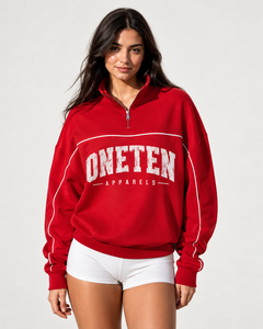 ONETEN APPARELS Red <b>Quarter</b> <b>Zip</b> <b>Sweatshirt</b> Oversized Regular Fit 100% Cotton French Terry Front Logo Casual Unisex Winter Wear - Product Image 1