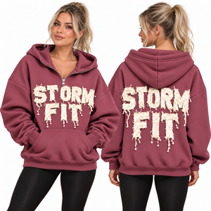 Sudadera con capucha amarilla para mujer, media cremallera, ajuste Storm Fit, aplique de letras, hombro caído, bolsillo canguro, forro polar casual, estilo urbano, cortavientos - Product Image 5
