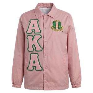 เสื้อแจ็คเก็ตโค้ชสีชมพูสำหรับผู้หญิง ปักลายตราสัญลักษณ์ ตัวอักษร ดีไซน์กระดุมด้านหน้า เสื้อคลุมลำลองแฟชั่น แขนยาว สตรีทแวร์ - Product Image 1