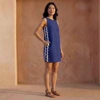 Robe Courte Femme en Popeline de Coton Bleue à Rayures Ondulées, Tissu Léger, Style Moderne, Coupe Confortable