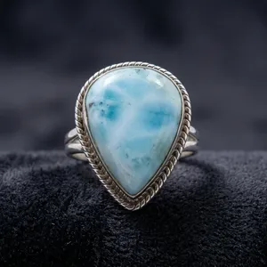 Bague en argent sterling 925 avec pierre précieuse Larimar naturelle, cabochon en forme de larme, bijoux faits à la main, bague élégante pour femmes - Product Image 3