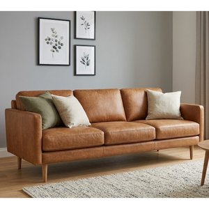 Elegant Cognac Leather <b>Sofa</b> 3 Seater Mid Century Modern Couch with Solid <b>Wood</b> <b>Frame</b> for Luxury Living Room Lounge Furniture - Product Image 1