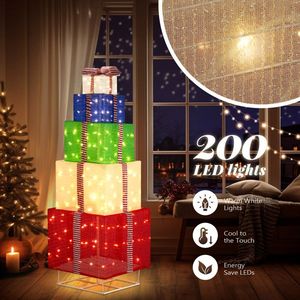 6FT Pre-Lit Pull-Up Gift Box Tower with 200 LED Warm White Lights Christmas Outdoor Christmas Lights with Ropes and Stakes - Product Image 2