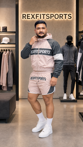 REXFIT SPORTS 2026 Custom Beige <b>Black</b> Nylon <b>Windbreaker</b> Jacket and Shorts Set Private Label Streetwear Sportswear - Product Image 3