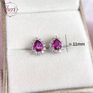 Boucles d'oreilles clous en or blanc massif 18 carats avec halo de diamants et rubis naturels rouges en forme de poire pour femme, parfaits pour un cadeau d'anniversaire - Product Image 2