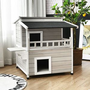 Maison de luxe en bois à 2 étages avec patio et abri pour chats, condo avec grand balcon, meubles pour animaux de compagnie - Product Image 3