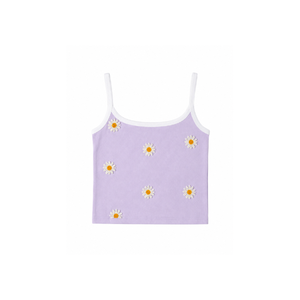 Lavender Floral Beaded Mini Tank <b>Top</b> with Daisy Flower Pattern Chic Style Breathable Spaghetti Strap Crop <b>Top</b> Cotton Fabric Wear - Product Image 1
