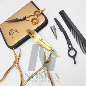 Noir avec outils dorés pour le soin des cheveux inclus pince d'extension de cheveux ciseaux de coiffeur rasoir de coupe de cheveux avec coupe pointue et peigne - Product Image 4