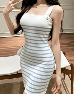 Striped Jersey Knitted Bodycon Dress Crew Neck Cap Sleeve Short Sleeve Knee-Length Casual Women Summer Breathable Natural Waist - Product Image 1
