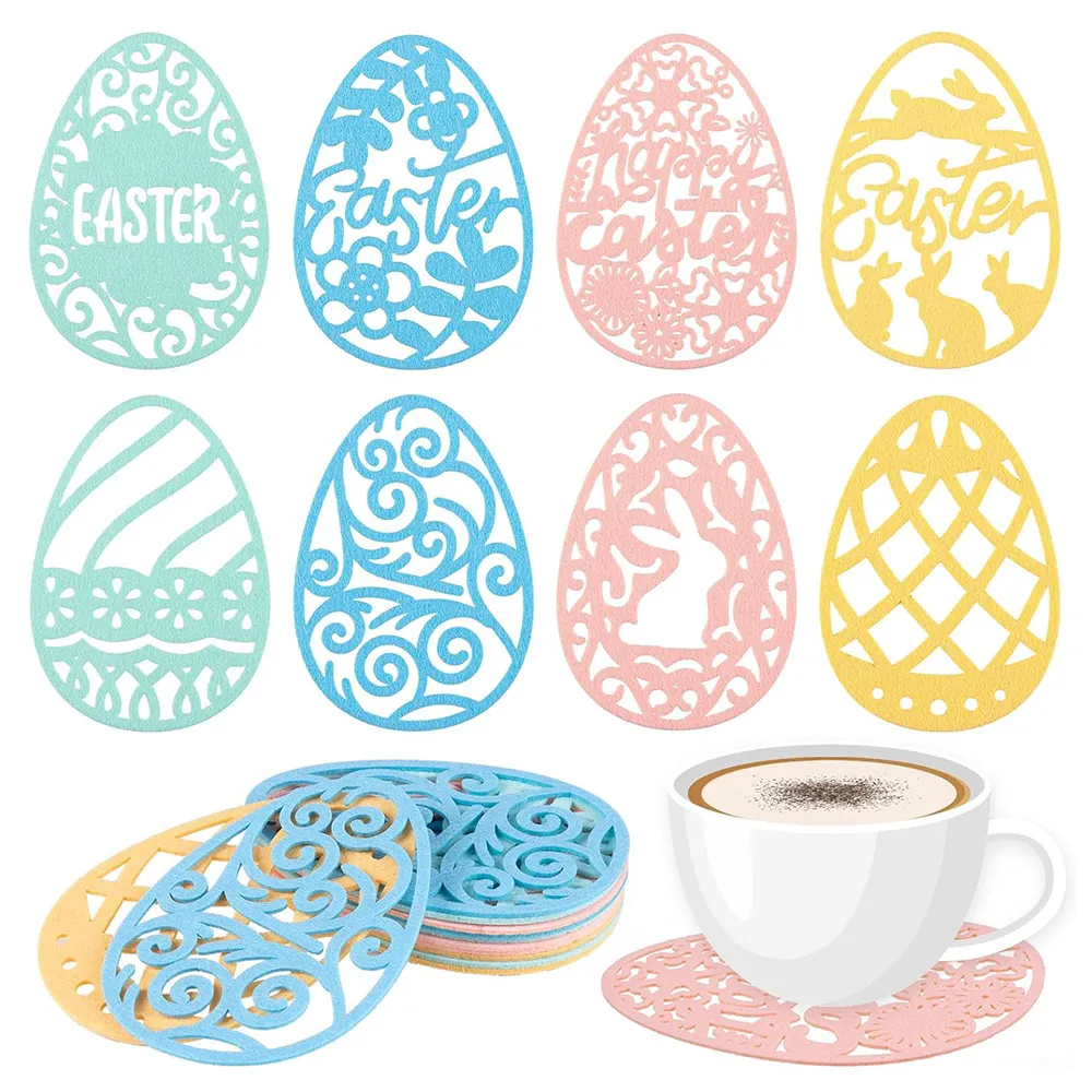16 Pack Non-Woven Easter Egg Cup Mat Pad 8 Design Colorful Hollow felt Easter Drink Coasters