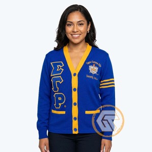 Cardigan grec personnalisé Sigma Gamma Rho en acrylique brodé avec appliques, col en V, pour femme, décontracté, de haute qualité, idéal pour l'hiver - Product Image 1