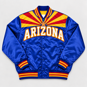 Chaqueta Varsity Azul Satinado para Hombre, Bordada con Letras, Estilo Bomber, Rayas Solares, Puños Acanalados Arizona, Abrigo - Proveedor Destacado - Product Image 1
