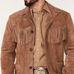 Premium Brown Genuine <b>Suede</b> Leather <b>Men</b> Fringe <b>Jacket</b> Retro Turn Down Collar Cowboy Style Wholesale Customization Available - Product Image 6
