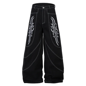 High Waist Wide Leg Denim Harem <b>Pants</b> With <b>White</b> Embroidery Loose Fit Cotton Midweight Hip Hop Style Autumn Wear - Product Image 2